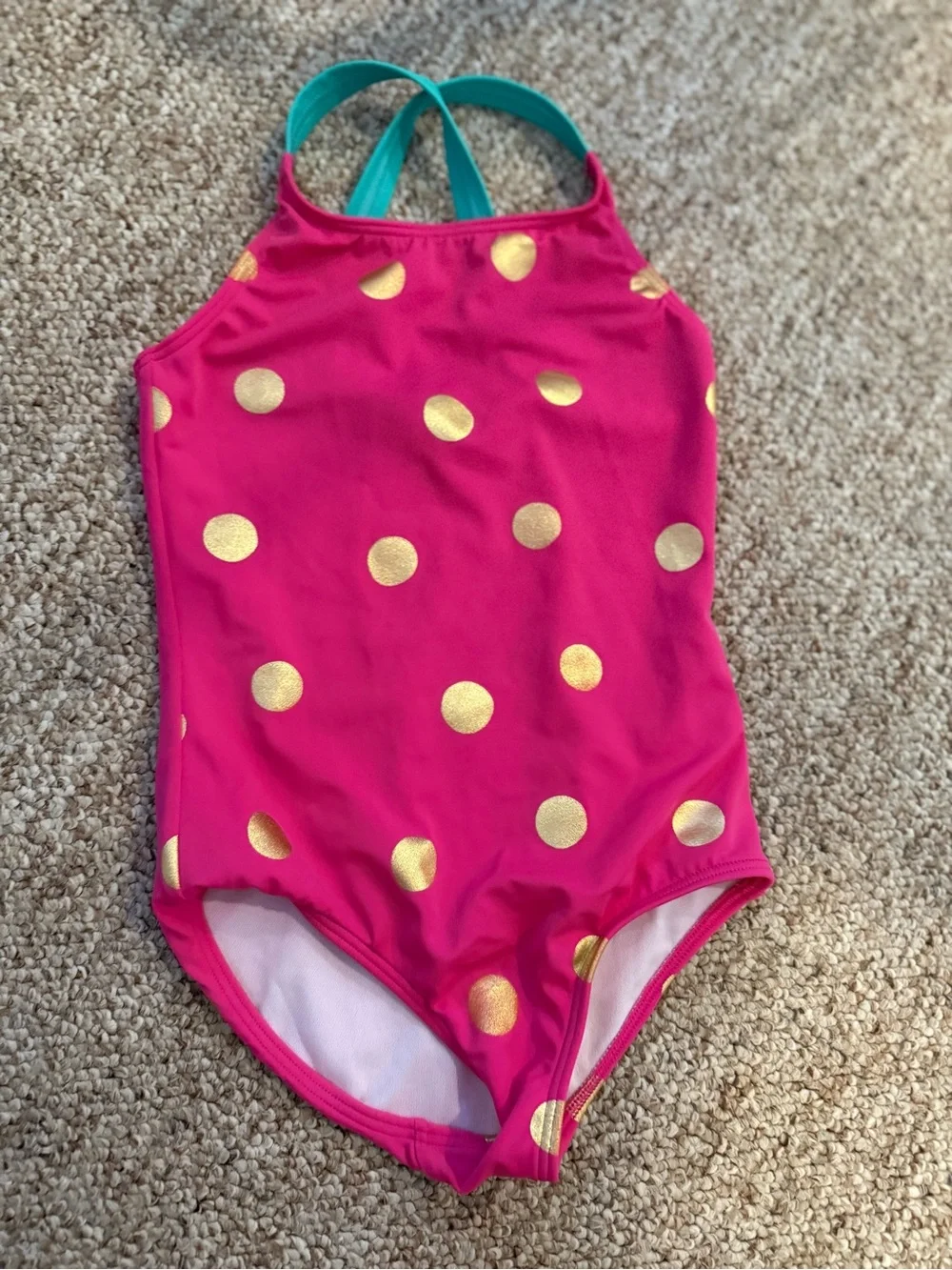 Mini Boden Pink Swimsuit with Teal Straps and Gold Dots